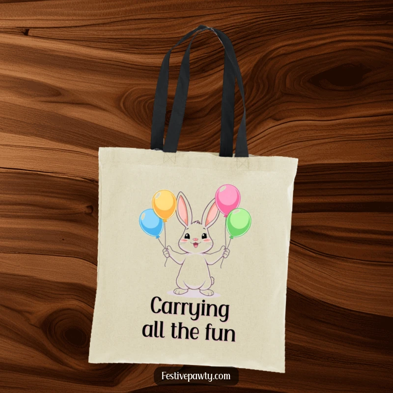 Funny Rabbit Tote Bag showcasing a cute rabbit energetically juggling colorful balloons with all four paws, perfect for carrying essentials.
