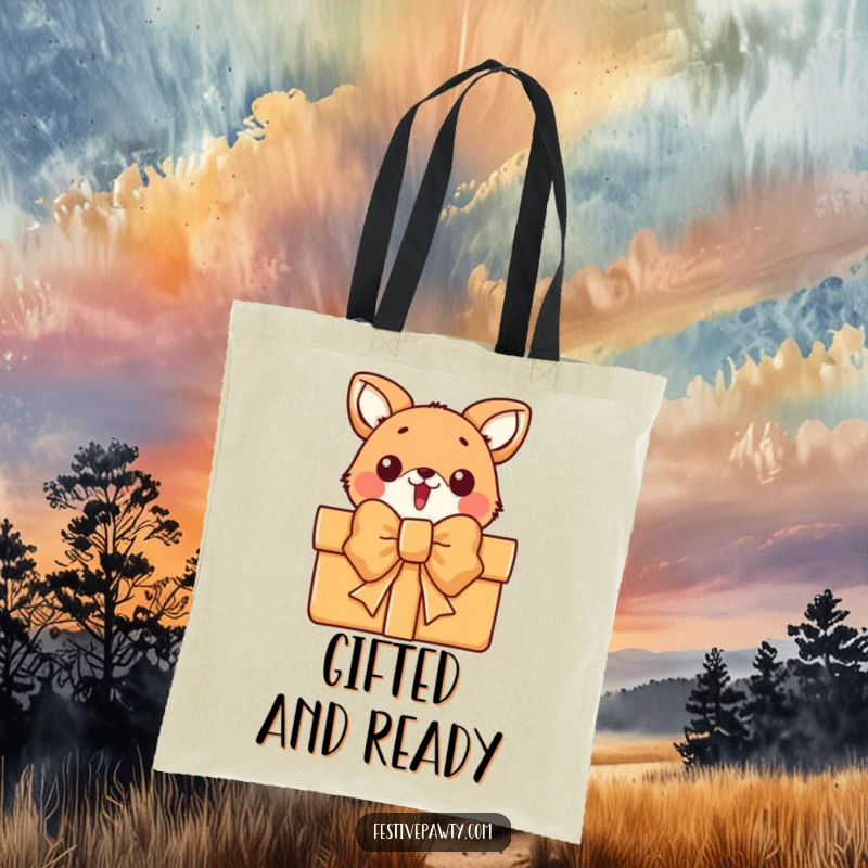 Funny tote bag featuring a surprised animal character peeking from behind a giant gift bow, ready for errands.