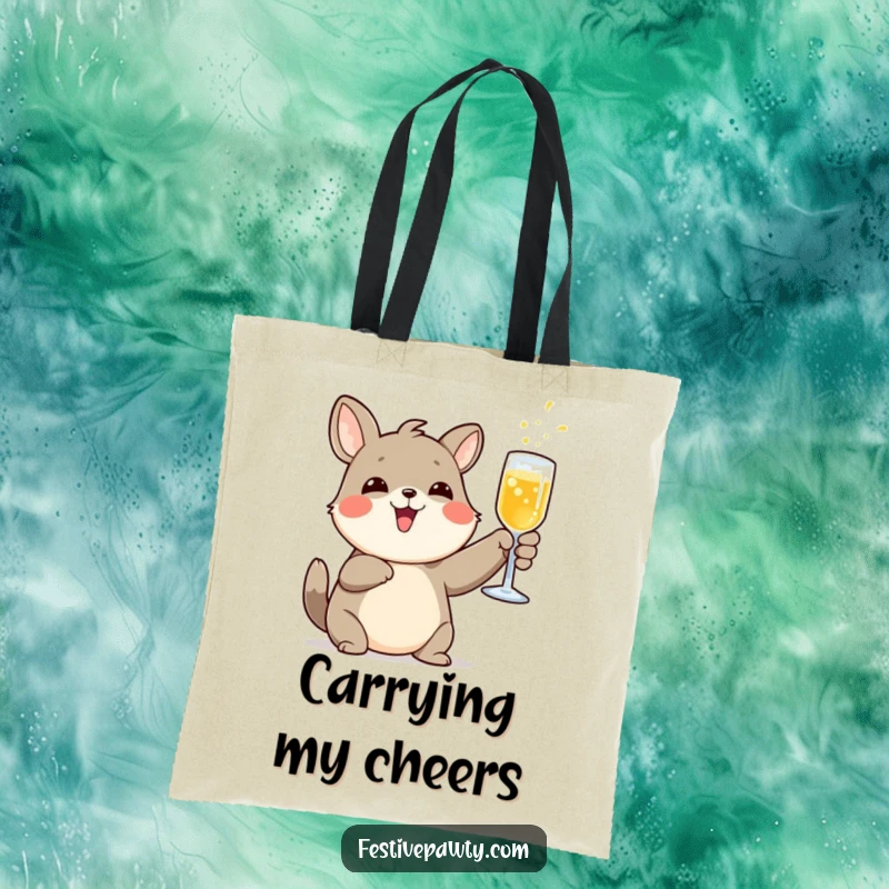 Funny tote bag featuring a delighted animal character raising a glass of fizzy drink in a toast, perfect for events.