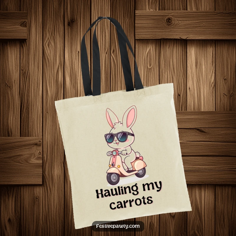 Funny Tote Bag with a cheerful bunny wearing cool sunglasses, riding a tiny scooter, perfect for carrying daily essentials with style.