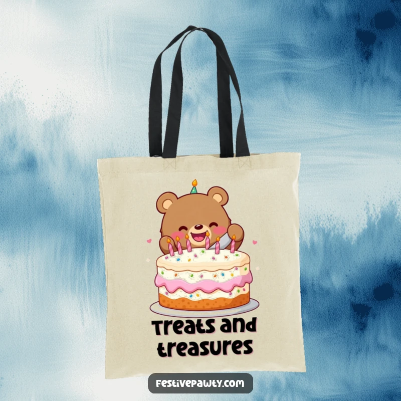Funny tote bag featuring a happy bear slicing into a giant festive birthday cake, perfect for carrying party supplies.